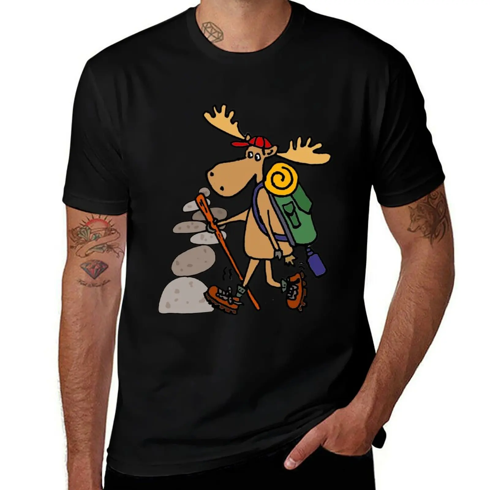 Funny Moose Hiker and Cairn Nature Art T-Shirt Basic Solid Color Short Sleeve T-Shirt