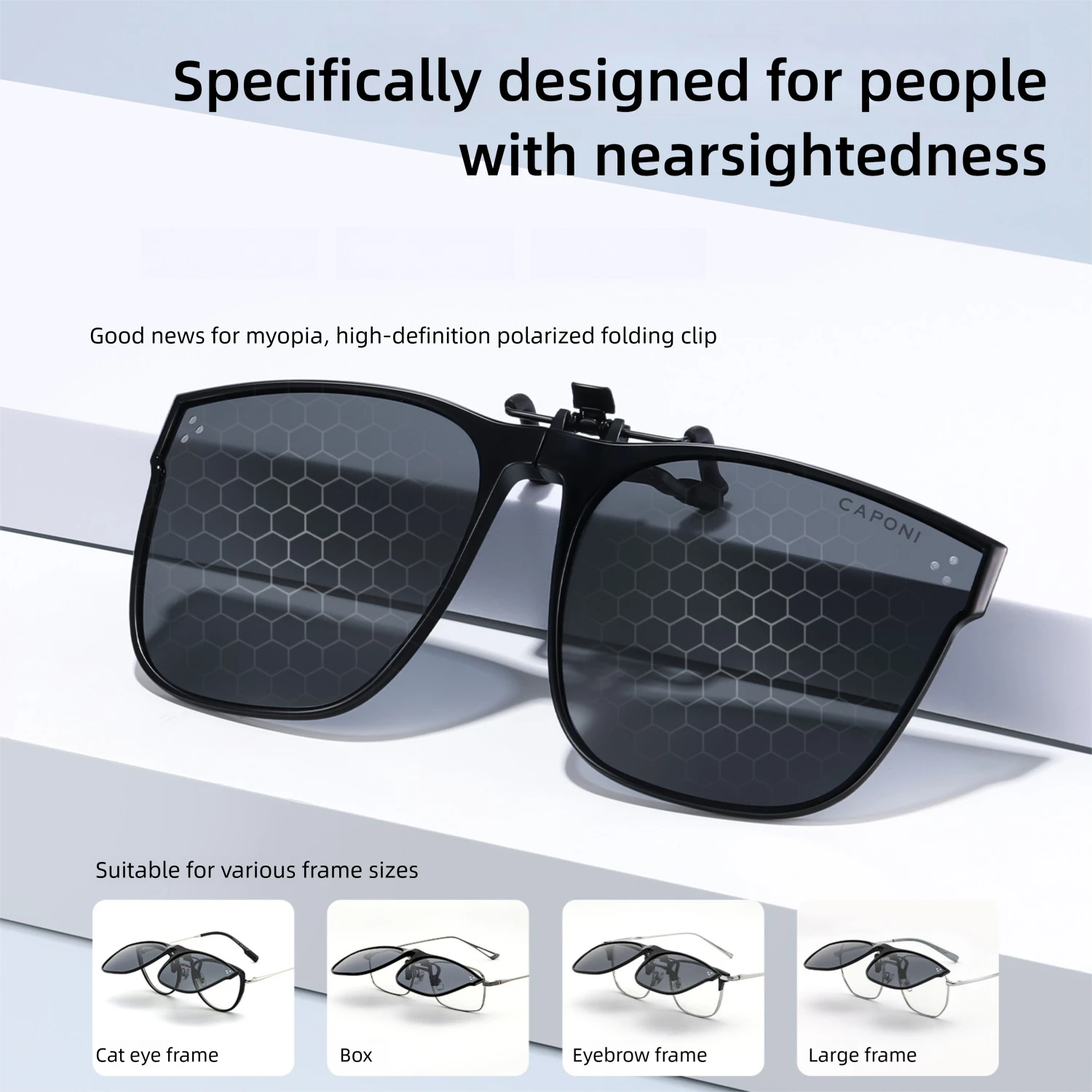 CAPONI New Men Sunglasses Foldable Polarized Clip Easy Flipped Up Glasses Clip UV400 Protect Eyes Light Clip On Frame CP35023