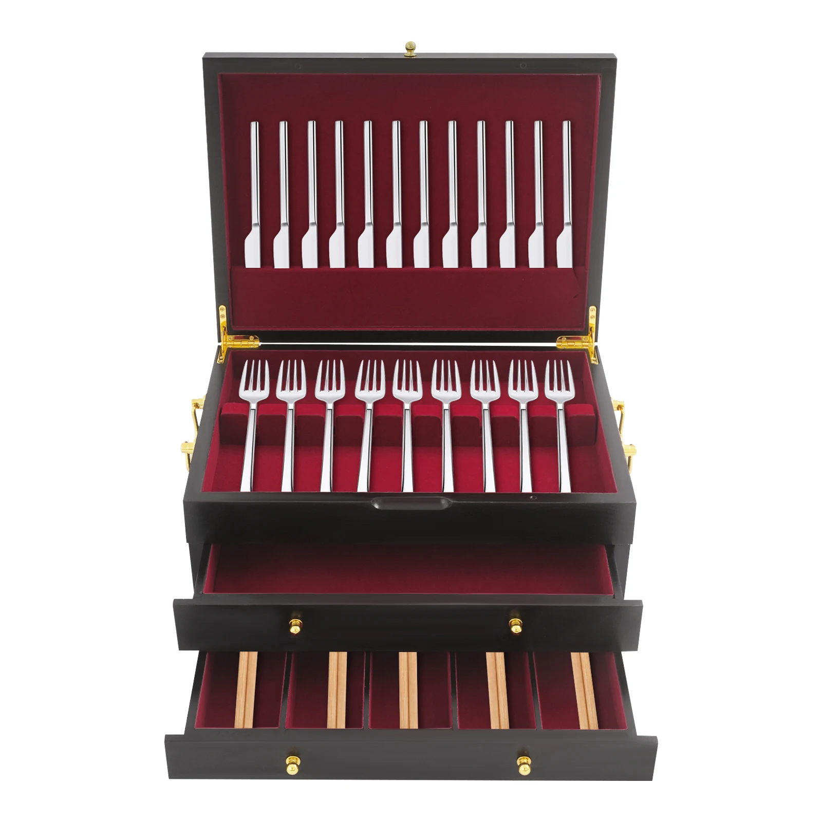 

3/2 Layers Cutlery Storage Organizer Box Wooden Silverware Chest with Handle Felt Lined Case for Home Table Accessories