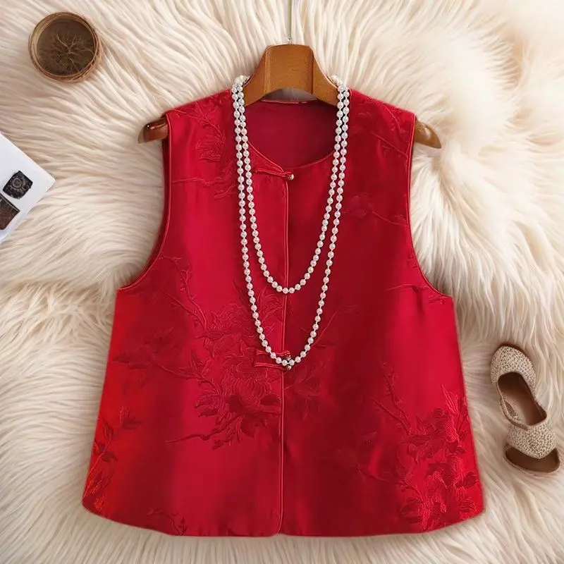 

Spring Summer Women Red Embroidery Vintage Chinese Tang Vest Coat , Woman Vintage Imitation Silk Sleeveless Vests Coats
