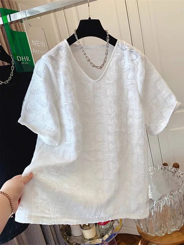 

White Texture Folded Heart V-neck Short Sleeve T-shirt Women's Micro-permeable Sun Protection Shoulder-Length Top