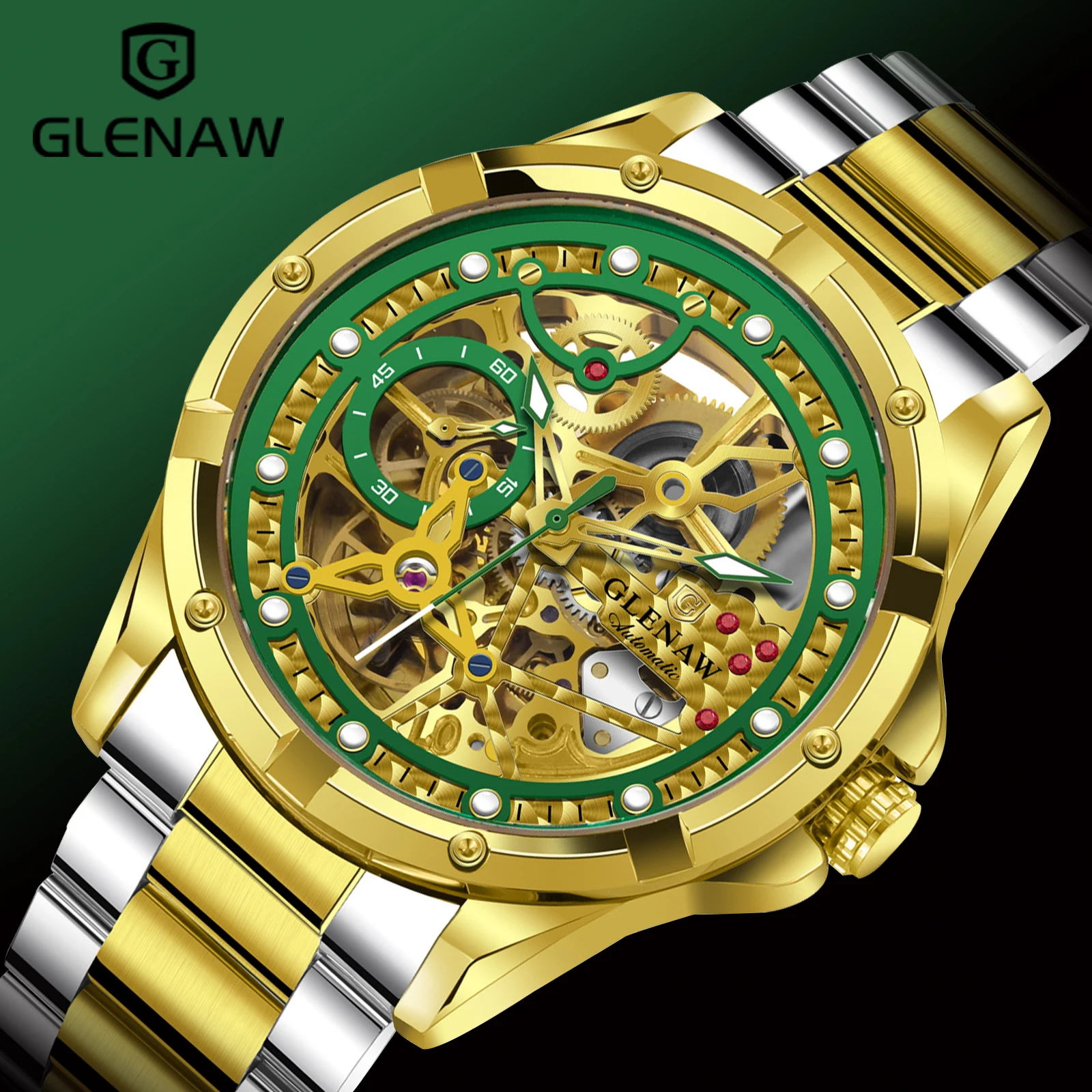 

Механические часы GLENAW Design Wheel Bone Dial для мужчин, с ремешком из нержавеющей стали, ночной подсветкой, водонепроницаемые, автоматические, класса люкс