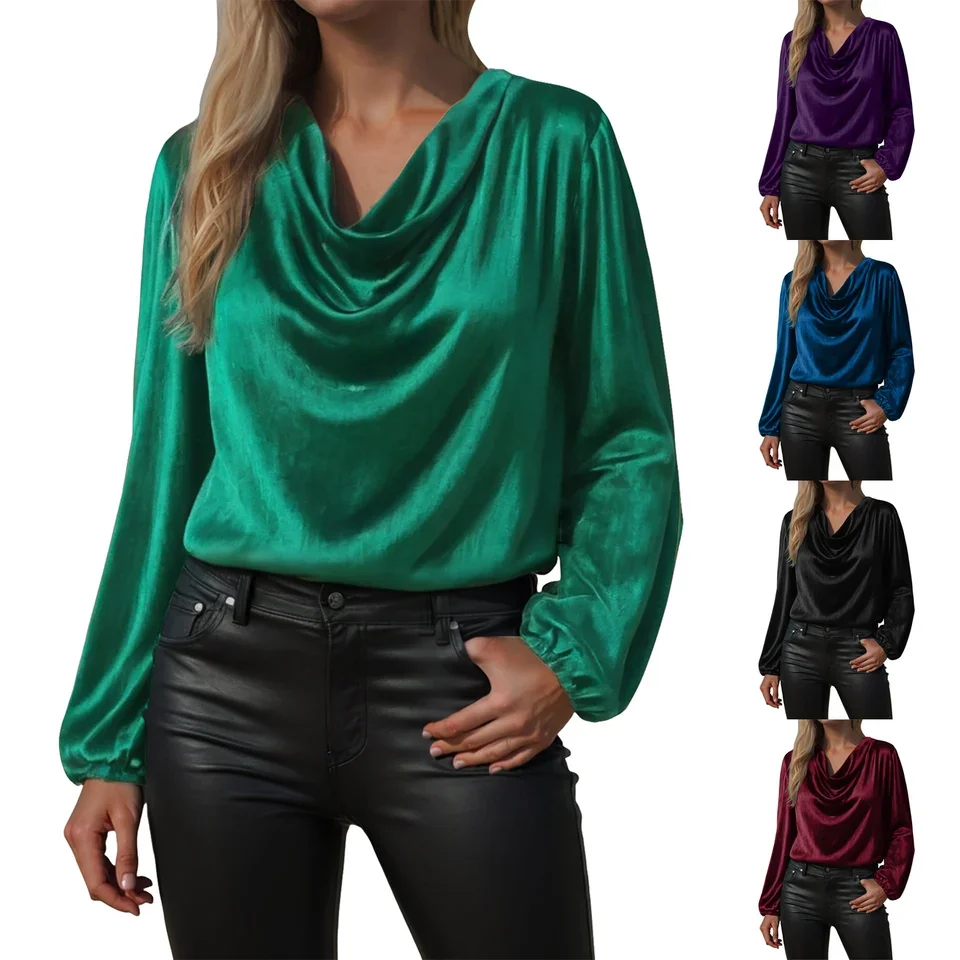 Loose Casual Outdoor Satin Tee Shirt Wavy Neck elegant and pretty women's Tops Plus Size Breathable Tops Woman clothes