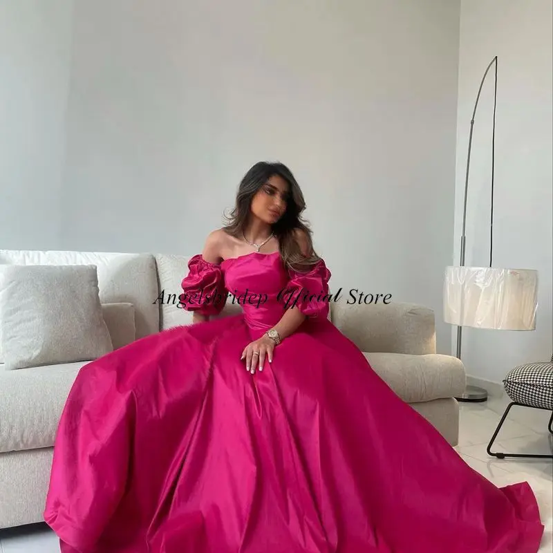 Angelsbridep Fuchsia Satin Prom Dresses 2023 Short Puff Sleeves Cocktail Dresses Strapless Robe De Soirée Vestido De Graduación