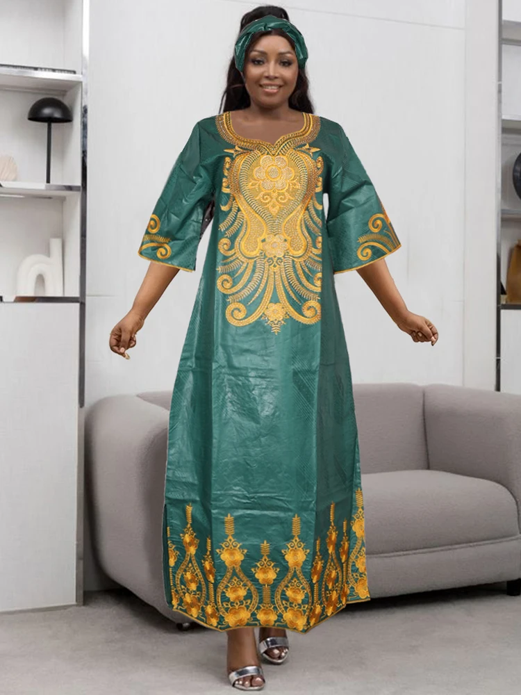 African Women Traditional Bazin Dresses Elegant Wedding Party Evening Gown Plus Size Maxi Robe Dashiki Print Embroidery Clothing