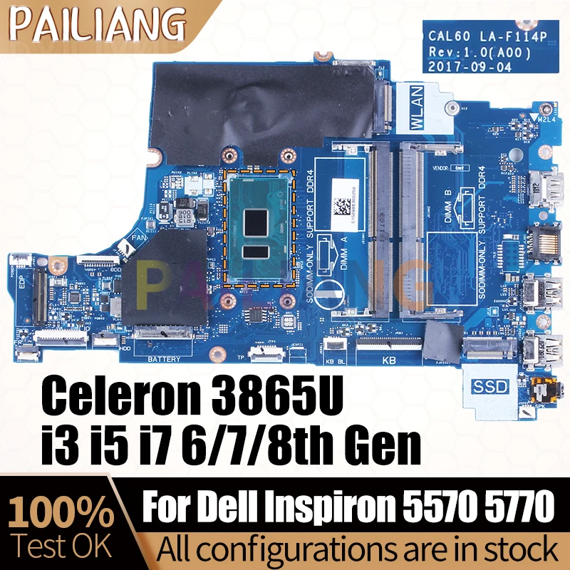 

Материнская плата для Dell Inspiron 5570 5770 материнская плата для ноутбука Celeron 3865U i3 i5 i7 6/7/8th Gen 001YV2, полностью протестирована