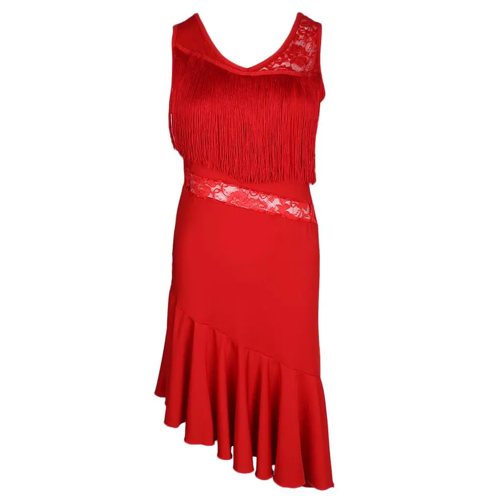 V Neck Latin Tassel Fringe Dress Asymmetric Ruffle Gatsby Costume for Stage Performance Dancewear