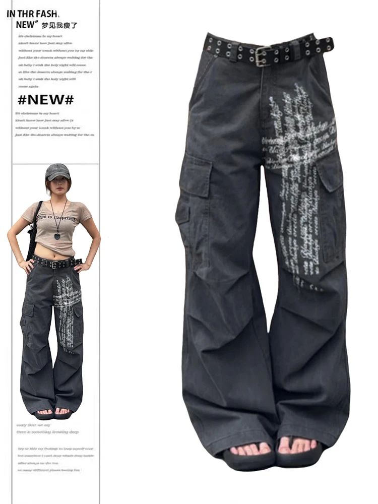 

2200, осень-зима, женские темные длинные брюки Academy Y2k, мешковатые брюки-карго с низкой посадкой, широкий крой 2000-х годов, кибер-панк, японский гранж