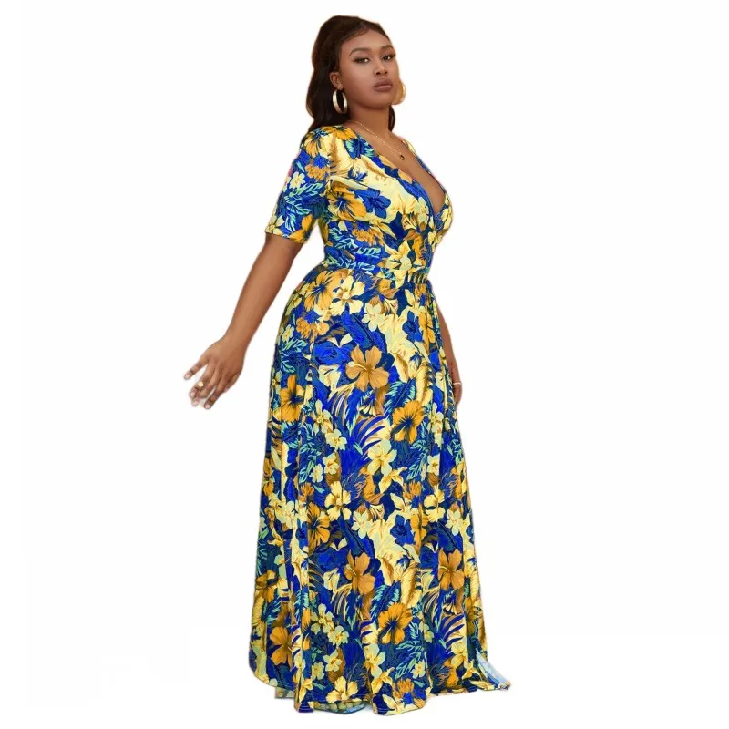 Women's Maxi Bohemian Dress Spring Summer Beach Tie Dye Printed Casual Split Short Sleeved Big Size Boho Long Dress Robe Femme