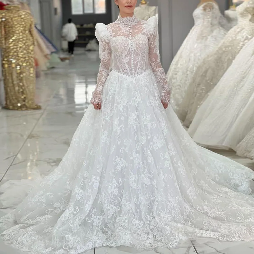 

Customized Elegant Lace Wedding Dress 2026 High Neck See Through Sleeve Bridal Gown Corset Puffy Skirt vestidos de novia