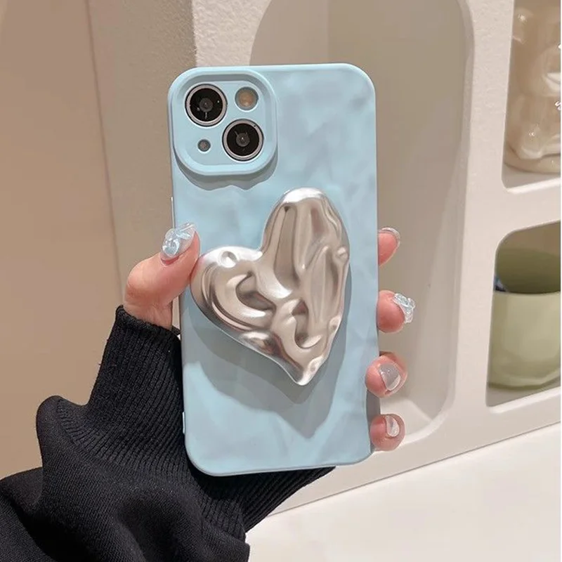 

Чехол для телефона для iPhone 15, 14, 13, 12, 11, 8, 7 X XS XR Pro Max Plus, новый INS синий плиссированный текстурированный защитный чехол с держателем Love