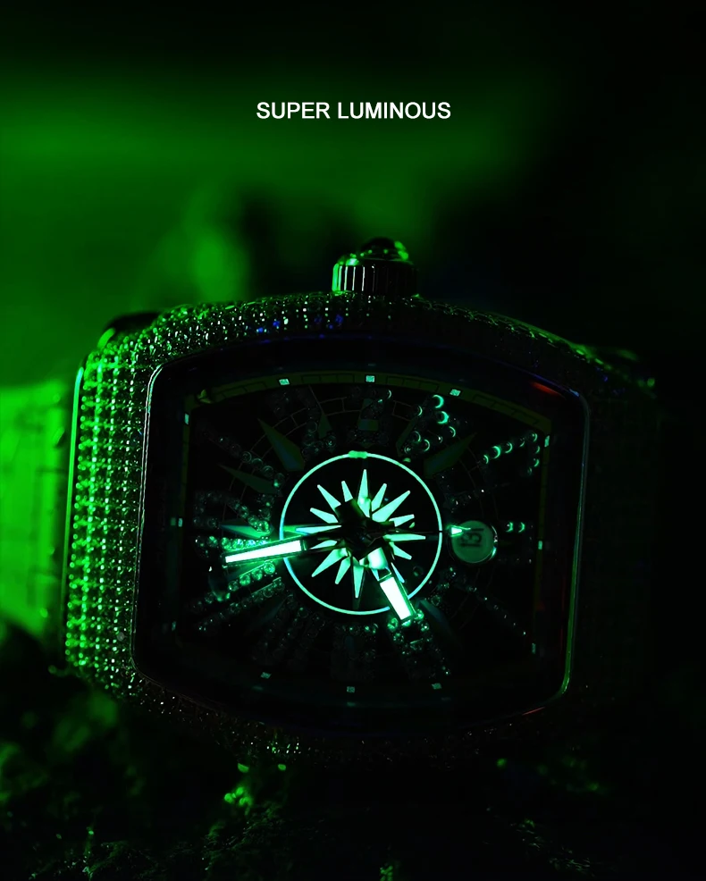 HANBORO-Reloj de pulsera automático para hombre, cronógrafo mecánico Tonneau de lujo, luminoso, resistente al agua, esfera solar, decoración de cristal de 445 piezas