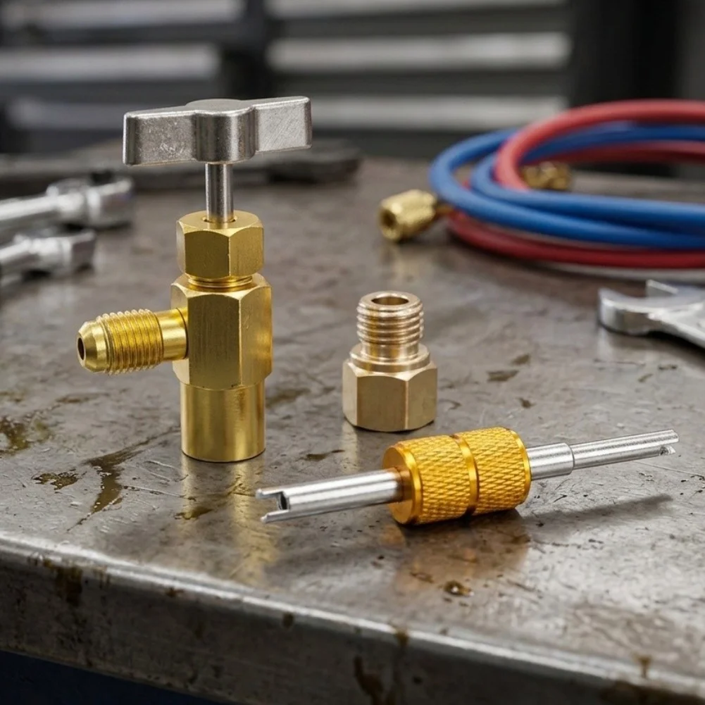 Brass Refrigerant Can Tap Valve Kit With Adapter And Wrench For Car AC For Air Conditioning Charging Tool Automotive Repair