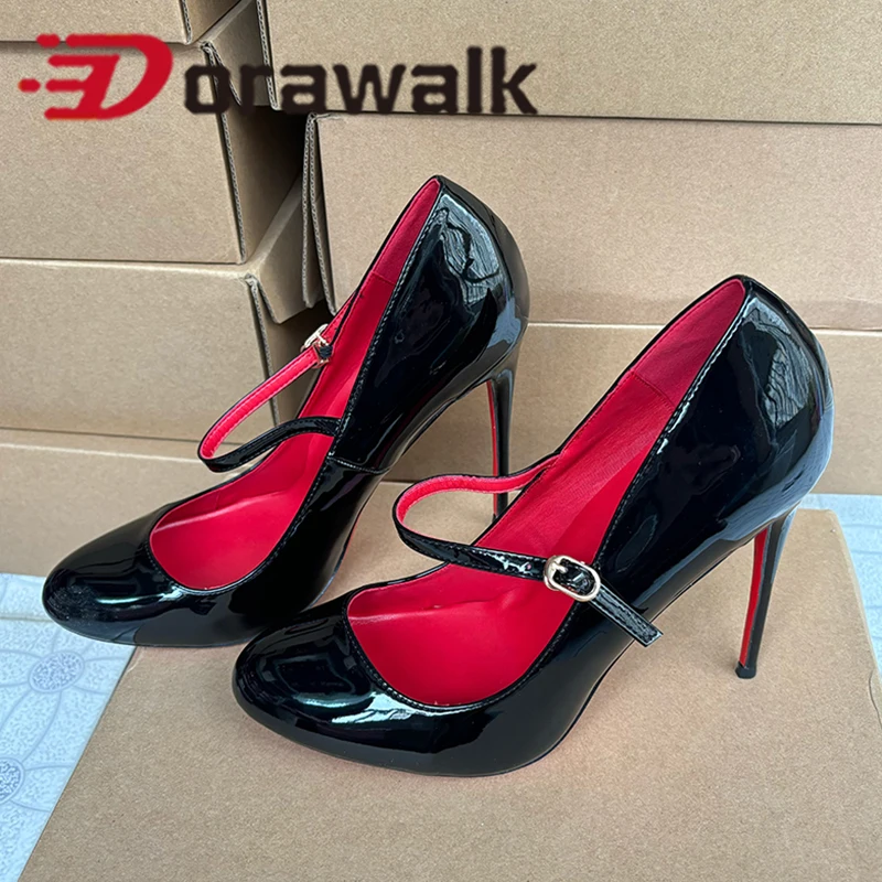 

Симпатичные черные дизайнерские туфли Мэри Джейн на высоком каблуке 12 см/10 см с ремешком на щиколотке, глянцевые лакированные туфли на шпильке с круглым носком, удобные туфли-лодочки для вечеринок OL