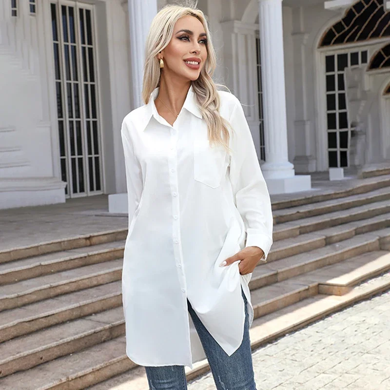 Women European and American solid color lapels loose casual fashion temperament commuting versatile long-sleeved shirt white L