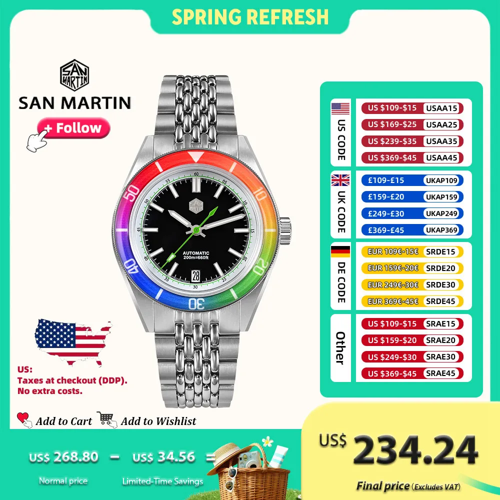 

San Martin Original Design 39.5mm Fashion Men Diving Watch Sapphire Rainbow Bezel Mechanical Watches Luminous Date 200m SN0116