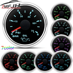7 Color Backlight 52mm Oil Pressure Gauge 0-5 Bar 0-75PSI Auto Car Oil Press Meter For Marine Boat Yacht Waterproof Indicator