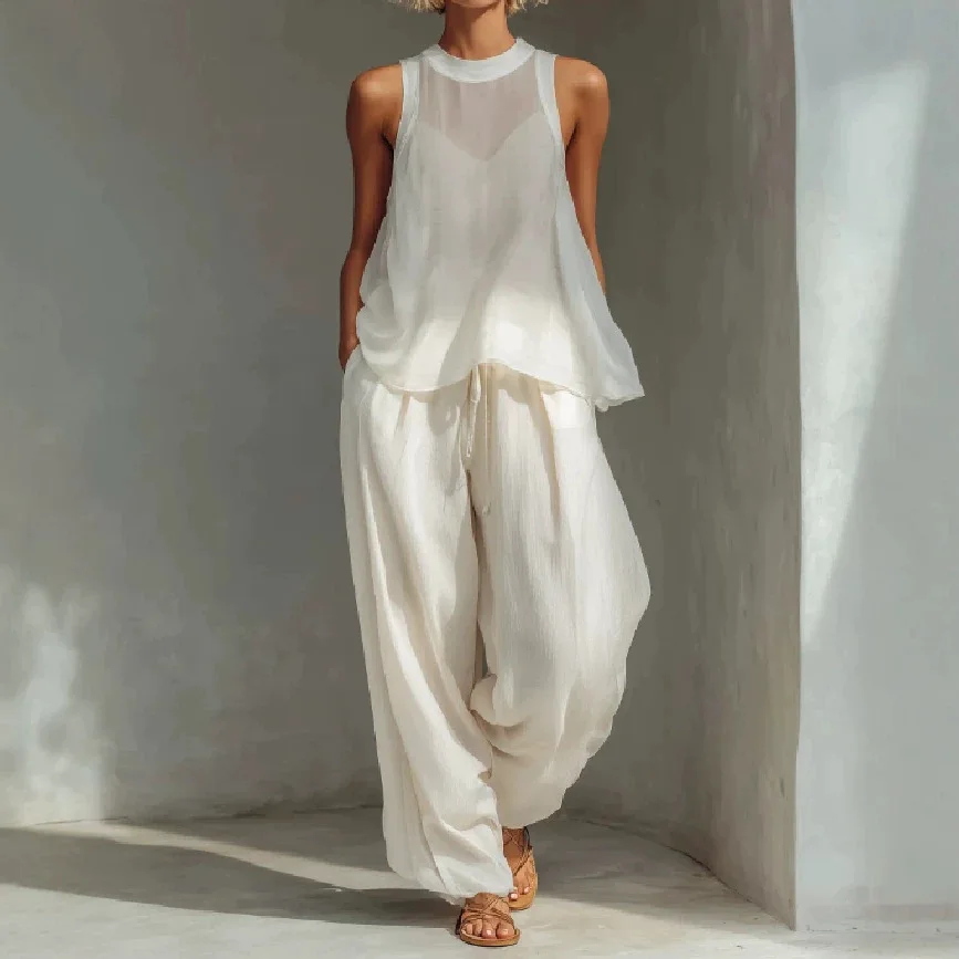 

Chiffon Tank Pants Set Women Sleeveless See-Through Mesh Top Wide Leg Trousers Summer Beach Vacation Resort Casual 2 Piece Set