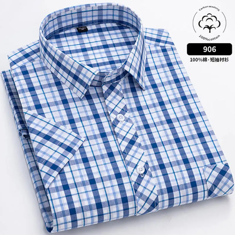 6XL Men\'s shirt Short sleeve Spring summer 100% cotton plaid Oxford non-ironing anti-wrinkle plus size casual shirt slim fit