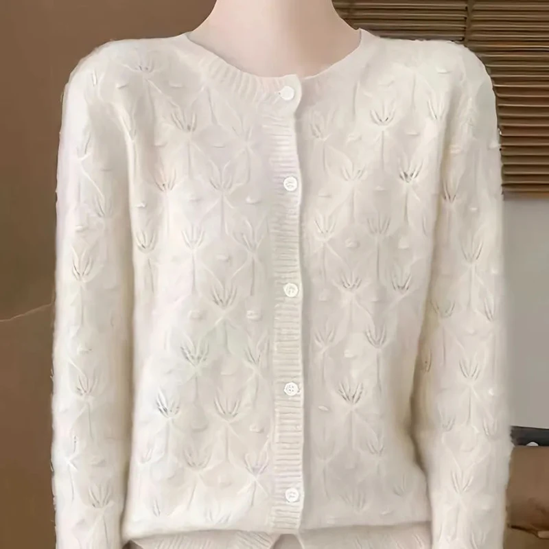 Hollow knit cardigan women round neck heavy industry twisted loose long-sleeved air-conditioned shirt skin-friendly sweater coat