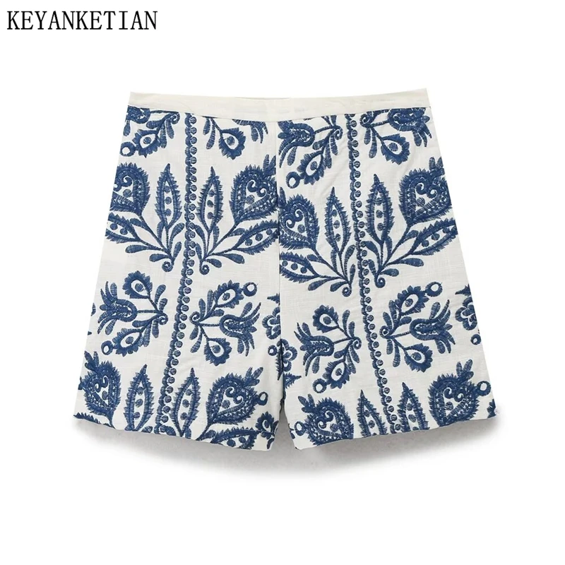 KEYANKETIAN 2024 New Women's Embroidery Decoration Shorts Summer Holiday wind Side Zipper High-waisted Thin Straight-leg Shorts