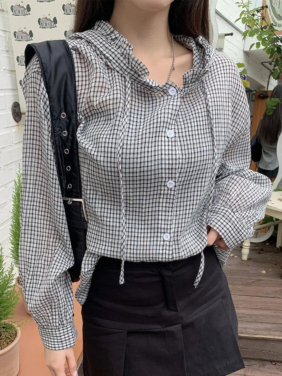 

Women's Plaid irt with Hood Gauze Wood ain Ear Long Sve Loose Fit Slimming Versatile Korean Sle Breathable Cotton Blend