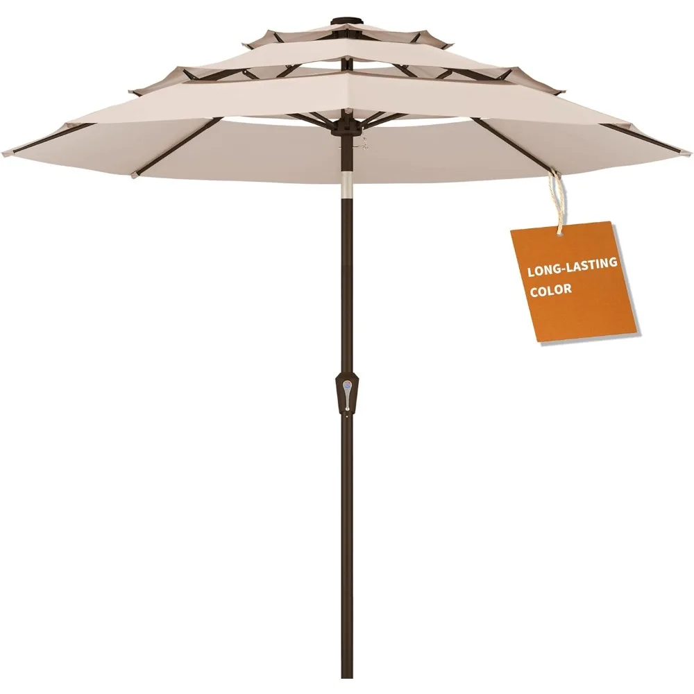 

10ft 3-Tier Patio Umbrella, Outdoor Table Umbrella with Easy Crank & Tilt, 8 Reinforced Ribs, UV Protection for Deck