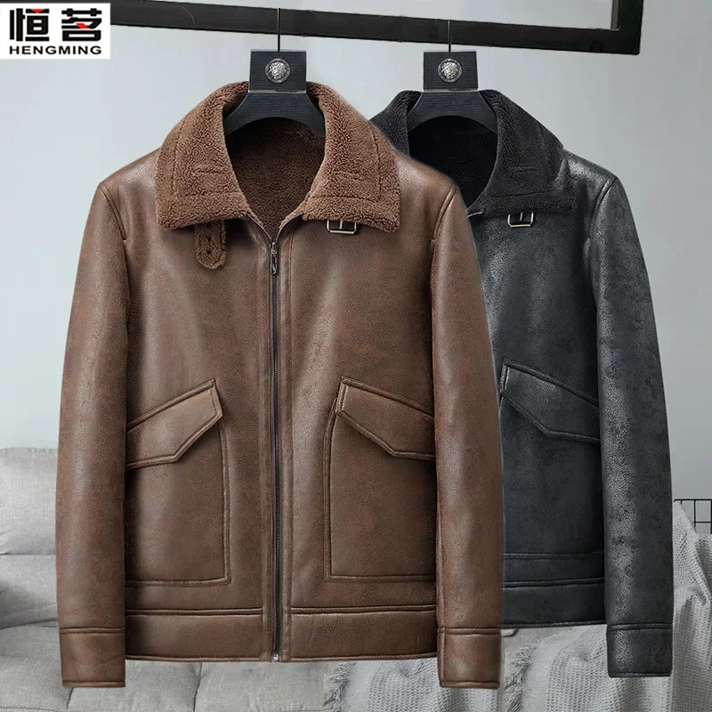 Faux Leather Jacket with Thickened Fleece and Grain Fur for Men and Women, Perfect for All Ages and Occasions in Winter 2024