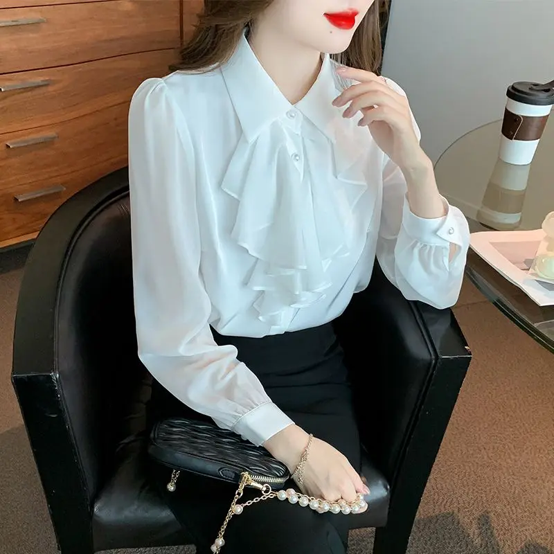 2023 Autumn and Winter Fashion New Commuter Women\'s Top Splice Button Ruffle POLO Collar Long Sleeve Solid Color Casual Shirt