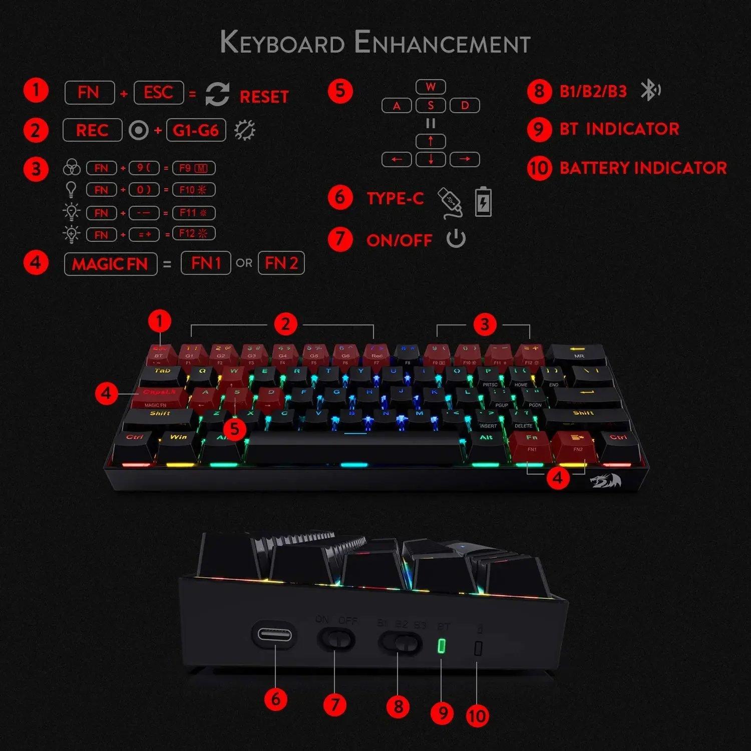 Draconic-rgb backlit teclado mecânico sem fio, 61 teclas, compacto, portátil, design, jogos, k530