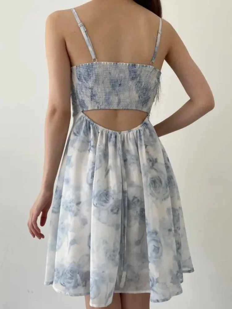 Fre Summer Design Bal Hollow out Soft Sle Aquarell Chiffon Dr. Gentle Breeze Strap Dr Midirock mit Blumendruck