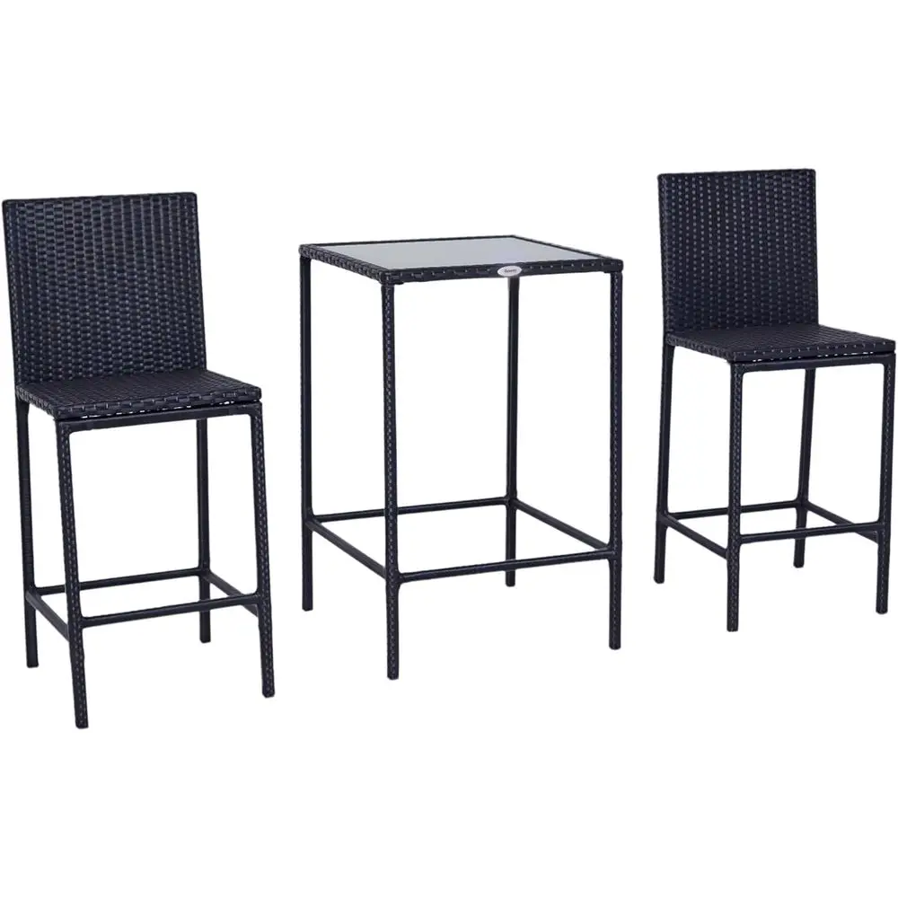 

3-Piece Rattan Bar Set with Glass Top Table and 2 Stools for Outdoor, Patio, Garden, Poolside, Backyard
