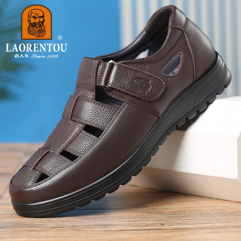 LAORENTOU genuine leather sandals, men\'s hollow and breathable perforated shoes, casual thick soled non slip leather shoes