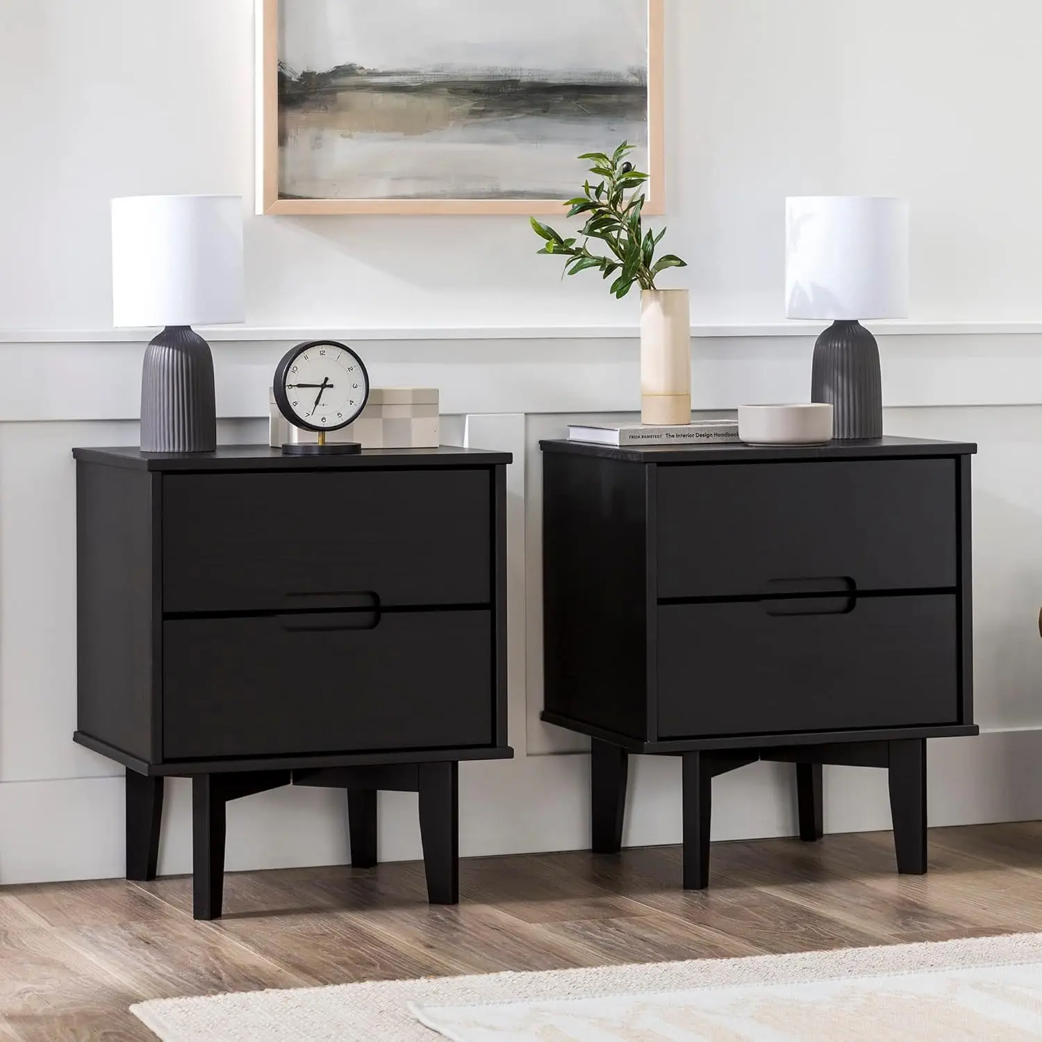 Modern Solid Wood Groove Handle Nightstands Set of 2 Black, Customized