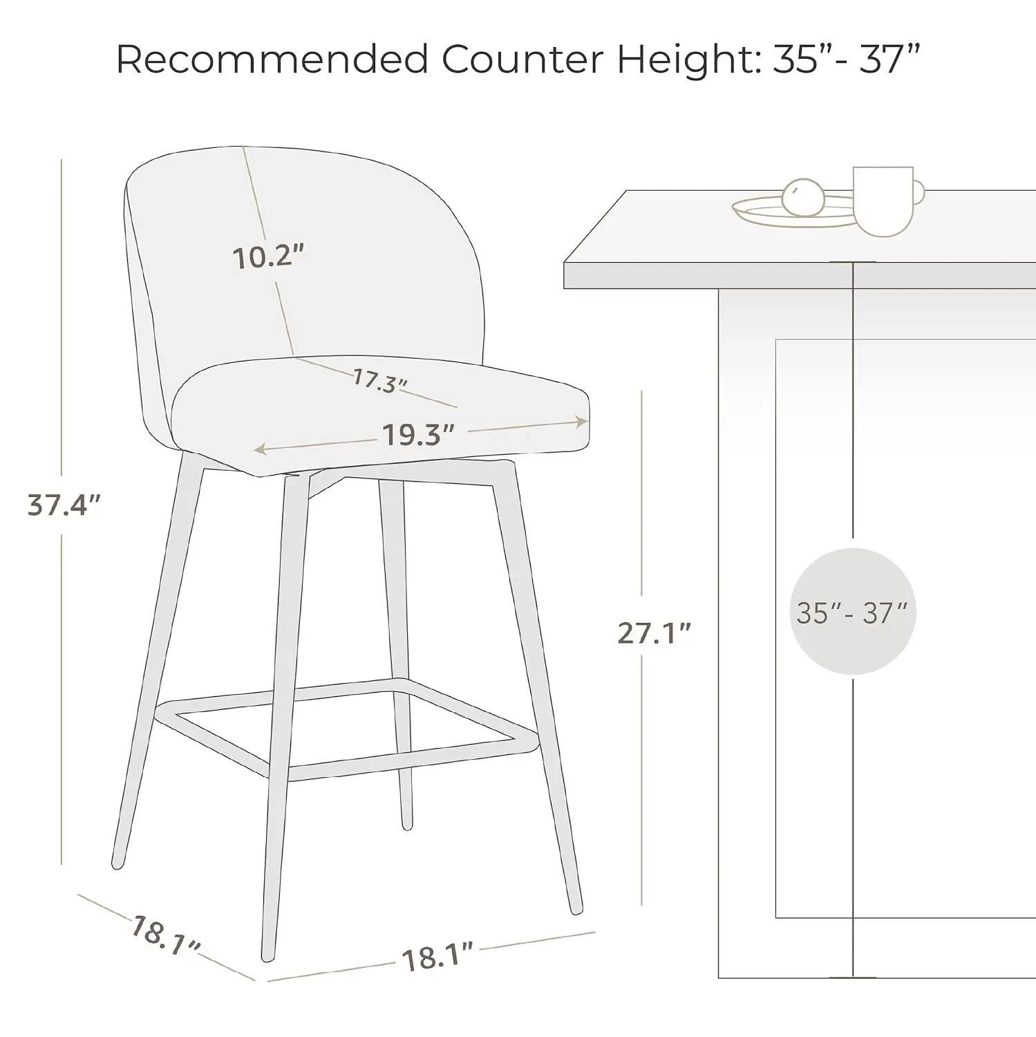 White Fabric Counter Height Bar Stools Set of 4 for Kitchen Dining, Customized