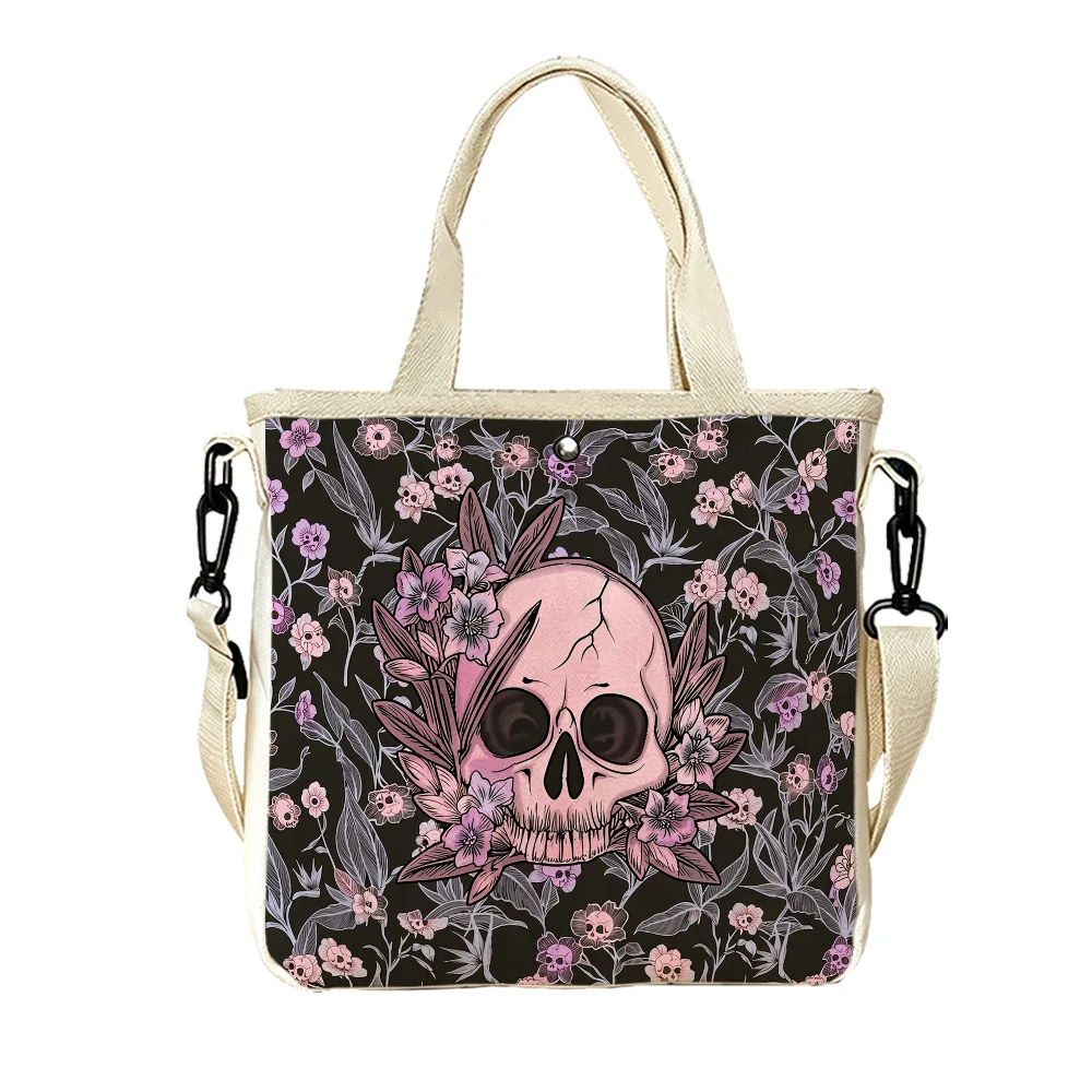 skull wreath flowers Double-Sided Printed Canvas Tote Purse for Women Detachable Crossbody Strap for Holiday Travel