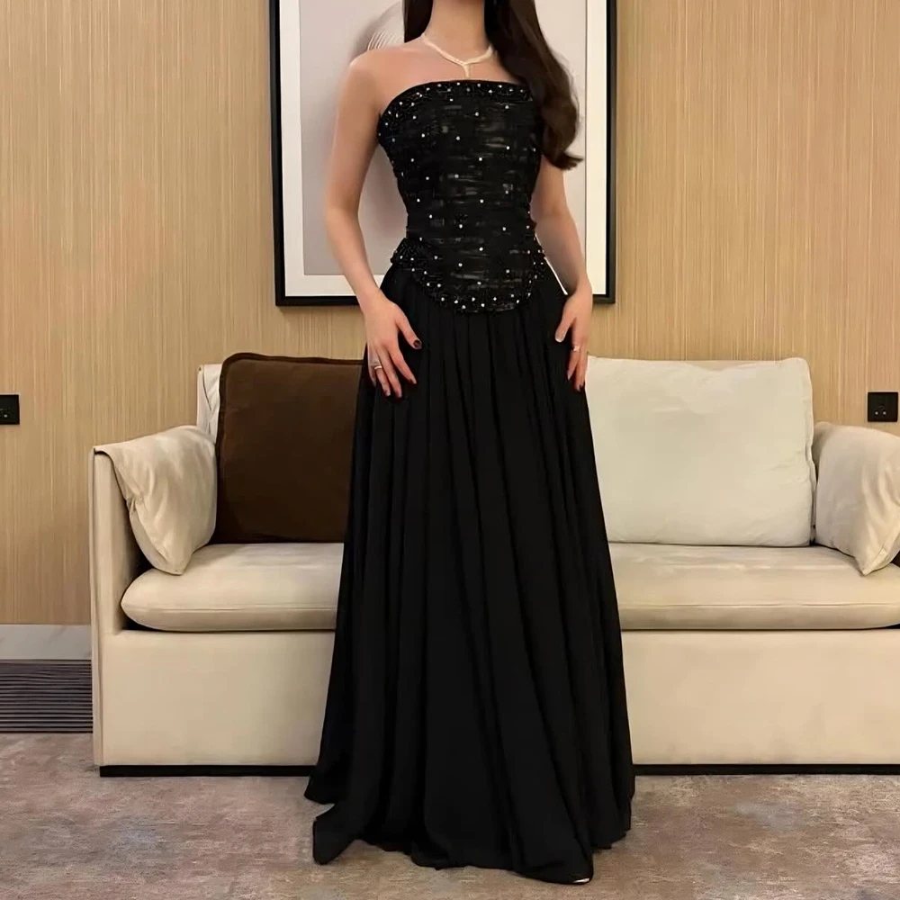 

Customized Black A-line Evening Dresses Fashion Beading Crystal Prom Gown Floor-length Sleeveless Backless Lace-up Party Dresses