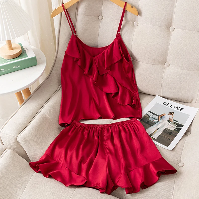 

Summer Female Suspender Pajamas Set Intimate Lingerie Chemise Sleepwear Silky Satin Ruffle Edge Strap Top&Shorts Loose Homewear