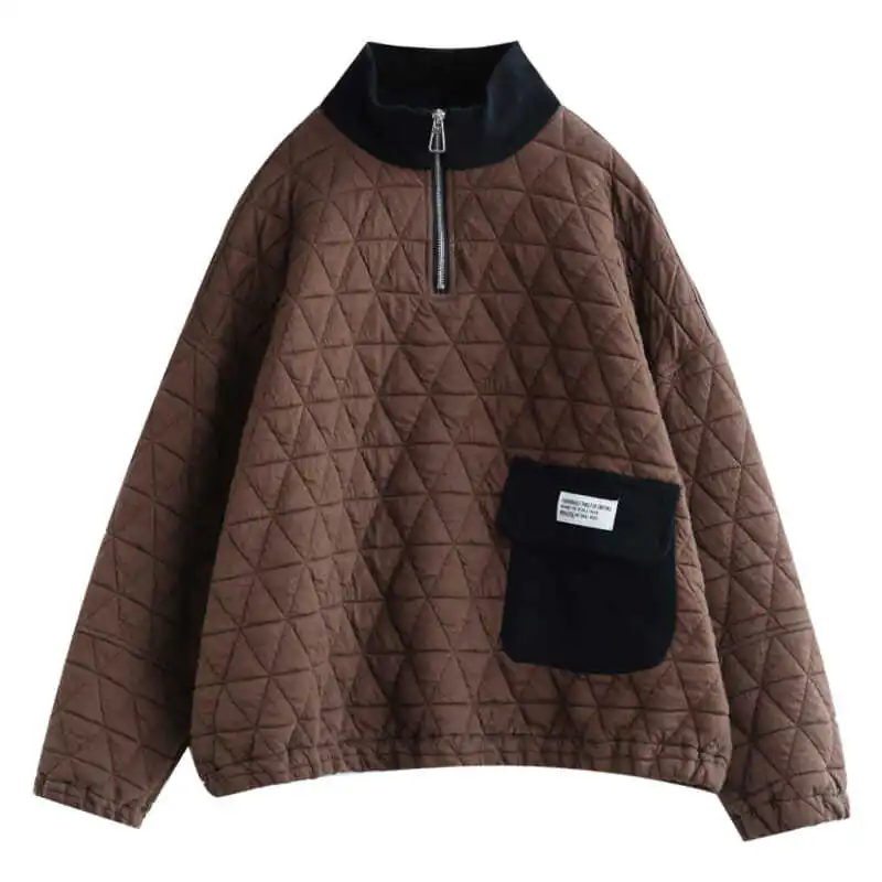 بلوفرات نسائية دافئة مبطنة بالقطن بياقة واقفة وجيب مرقع معاطف جديدة لخريف وشتاء 2025 قطع علوية نسائية عصرية #6