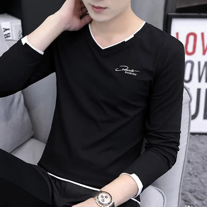 Autumn Winter Fashion Korean Simple Temperament T-shirt Man Long Sleeve Cotton V-neck Solid Color Top Pullover Casual Streetwear