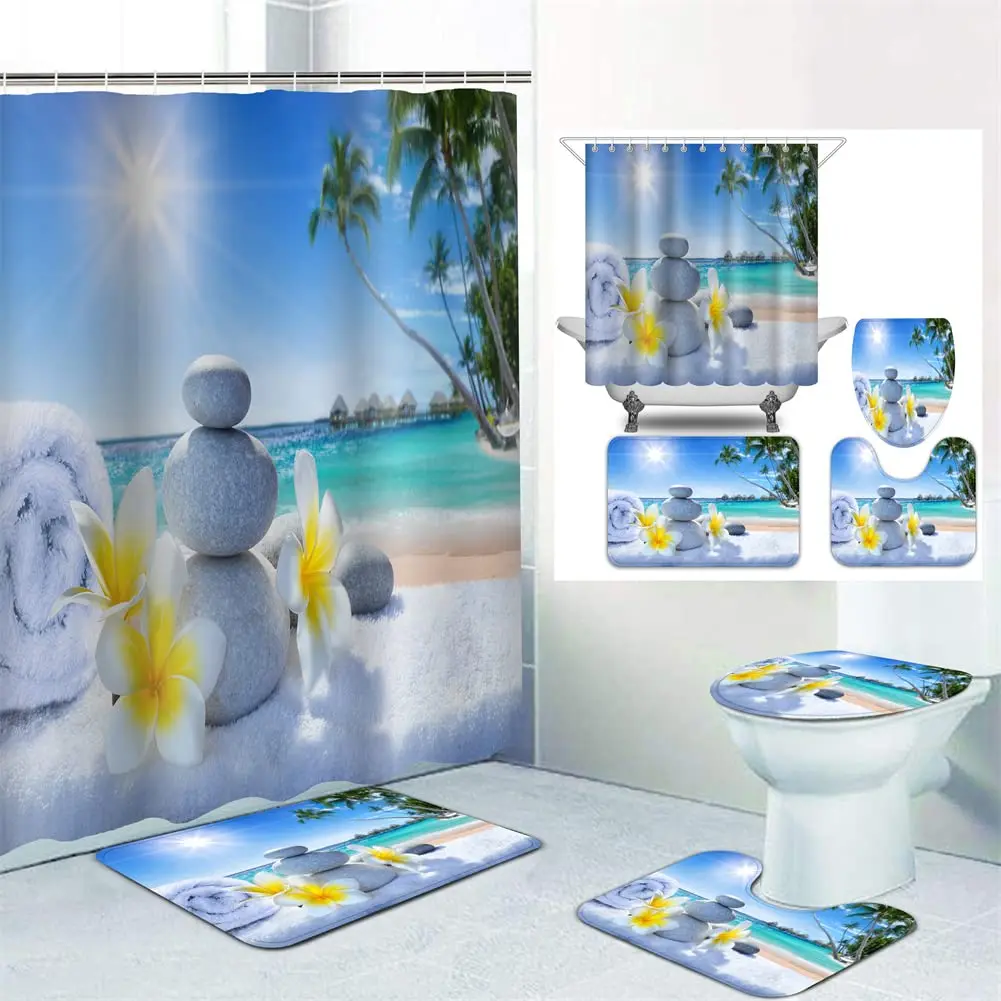 

4PCS Bathroom Set with Shower Curtain and Rugs, Spa Relaxing Meditation Art Theme, Zen Shower Curtain Set Toilet Cover Bath Mat