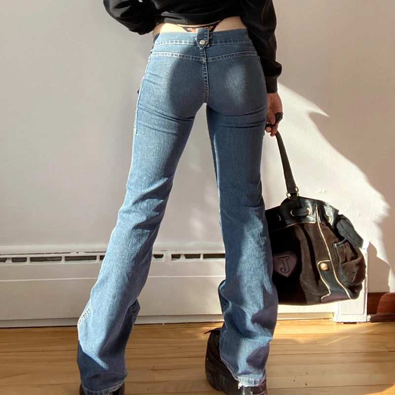 Vintage Y2K 2000s Aesthetic Low Rise Jeans Solid Skinny Pockets Fashion Denim Capris Pants Bodycon Boot Cut Jeans Vintage Jeans