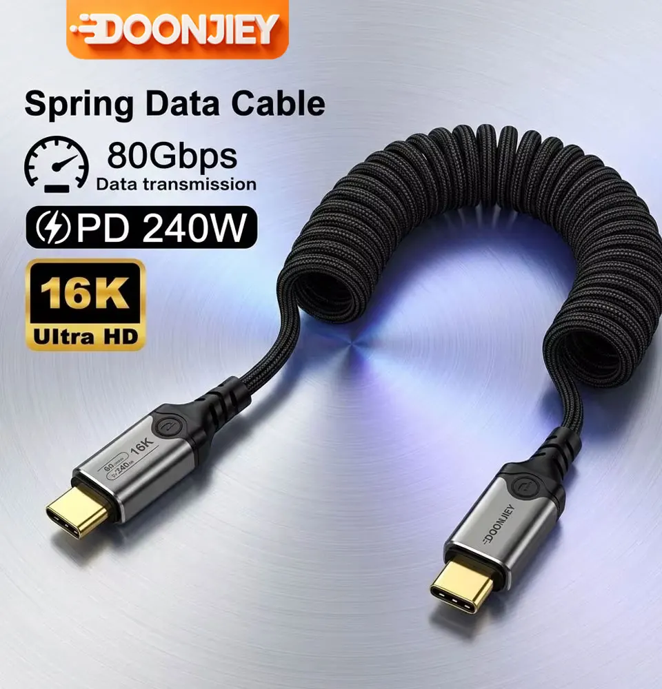DOONJIEY PD 240W USB 5 Full‑Function Spring Car Cable, Type‑C 80Gbps Thunderbolt 5,16K@60Hz for iPhone 17 Pro Max MacBook