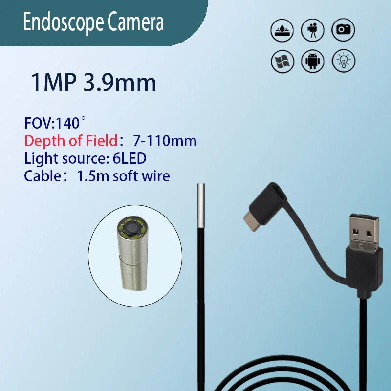 

1MP 3.9mm FOV140° Wide Angle Endoscope for Industrial Pipeline Inspection 1.5m IP67 Waterproof USB 3 in 1Industrial Endoscope