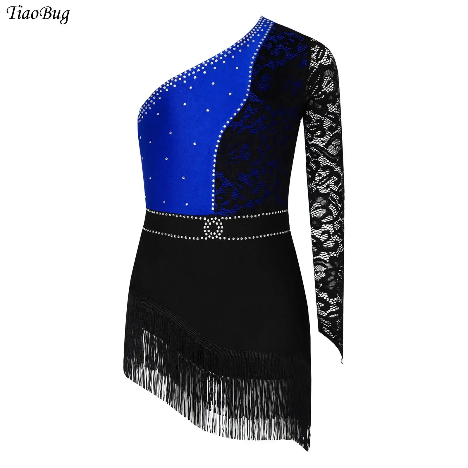 

Kids Girls Jazz Latin Dance Dress Lace One Long Sleeve Shiny Rhinestones Tassels Dancewear Rumba Cha Cha Lyrical Dance Costume