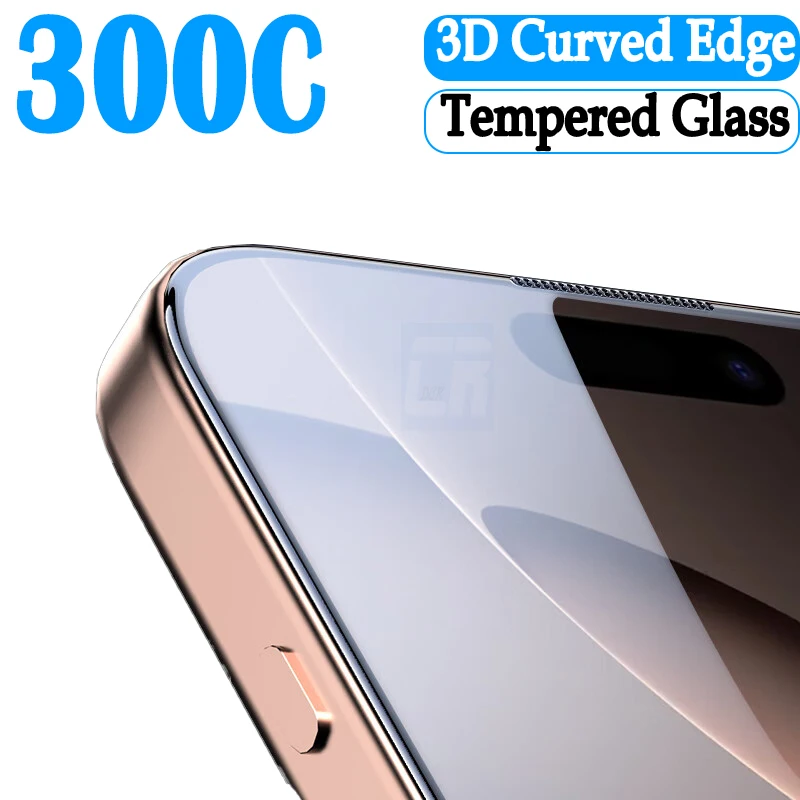 

300C Premium Tempered Glass Screen Protector For iPhone 16 15 14 13 12 Pro Max Plus 3D Arc Edge Full Coverage Protective Film