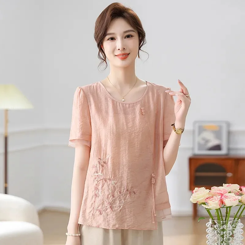 

Women's Pink Floral Embroidery Short Sleeve Blouse Lightweight Round Neck Top with Side Tie for Middle-aged Ladies