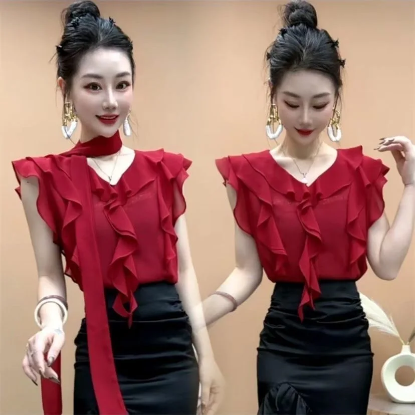 

Elegant Thin Sleeveless Shirt Women's Fashion Design Slimming Top V-Neck Pure Color Commute Style Polyester Fiber Summer New