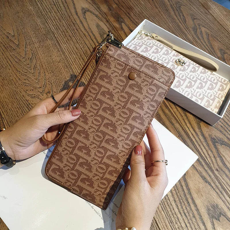 2025 Thin Women Wallets Genuine Leather Clutch Bag Original Brand Long Cowhide Purse With Logo Letter Print Grained Clutches