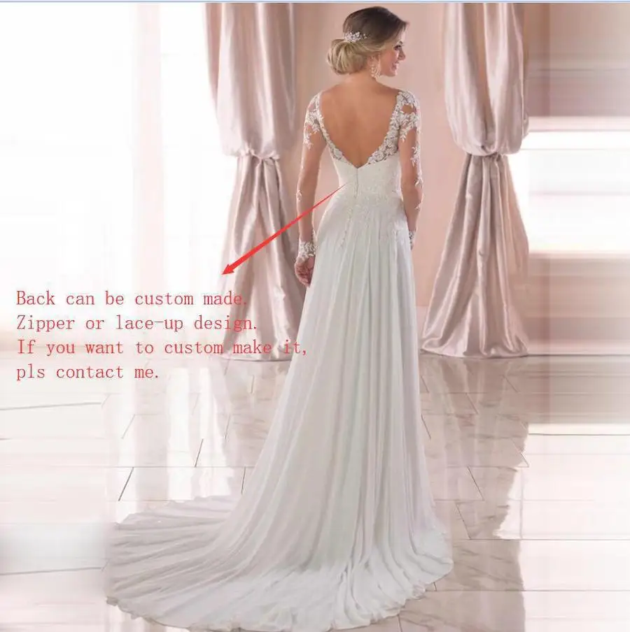 Elegant V-neck Appliqué Lace A-line Chiffon Wedding Dress Long Sleeve Sweep Train Backless Women Wedding Gowns Bride Dresses image 4